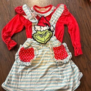 Kids Grinch dress with white and Blue Stripes
